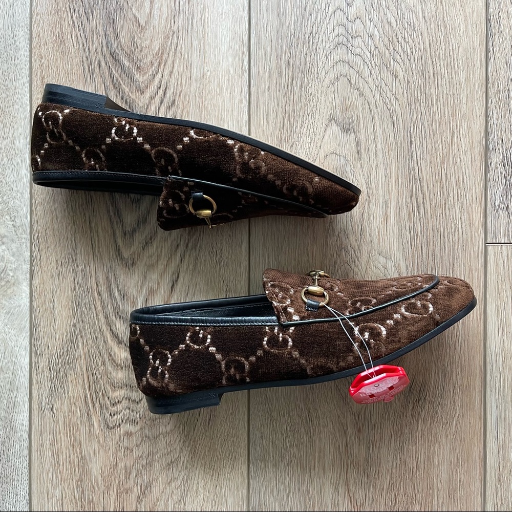 Gucci Women's Brown Jordaan GG Monogram Velvet Horsebit Loafer Shoes NEW - Picture 10 of 17
